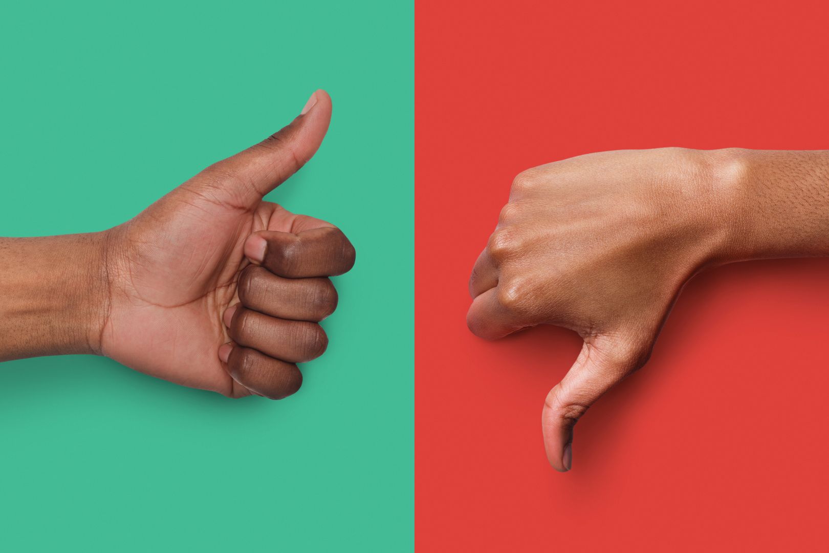Collage of hands showing thumb up and down at green and red background. Approval and disagreement gestures.