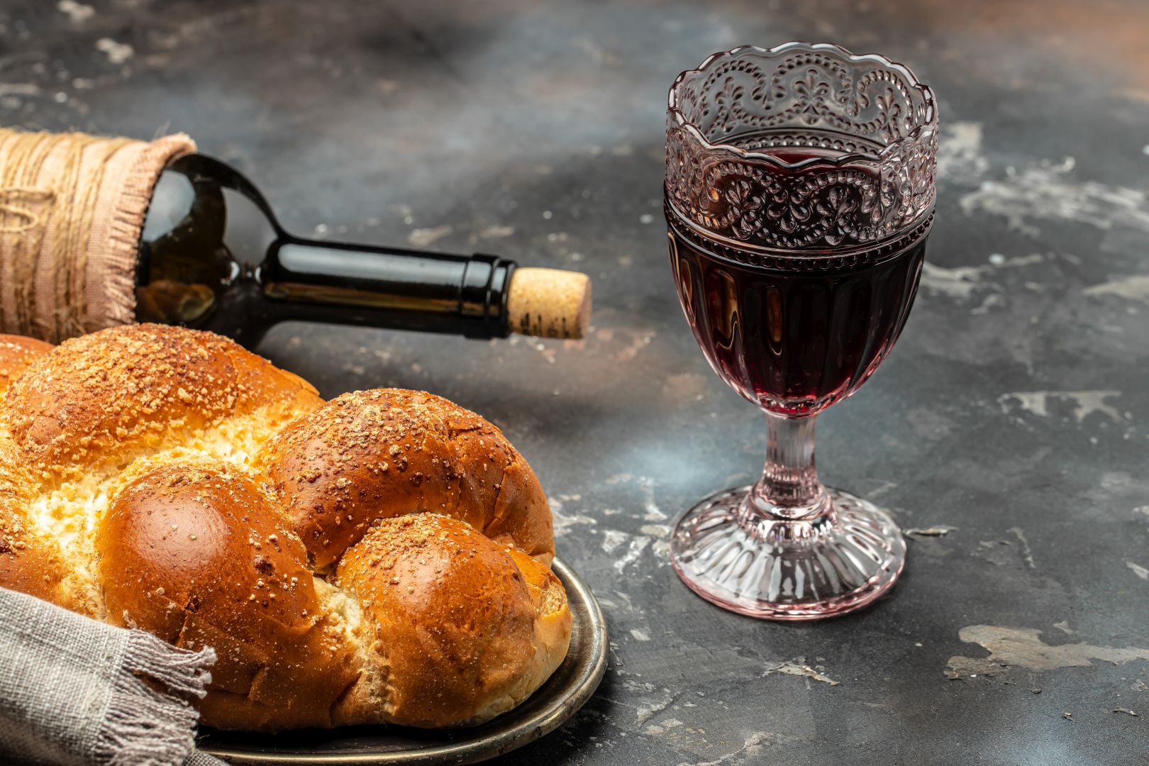 Shabbat Shalom Challah Bread, Shabbat Wine On A Dark Background, Top View