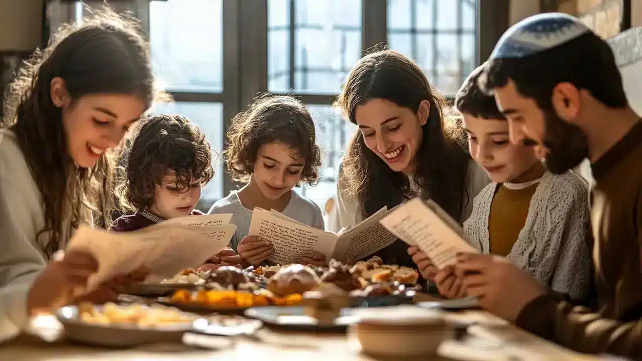 אנשים מסביב לשולחן מברכים ברכת המזון